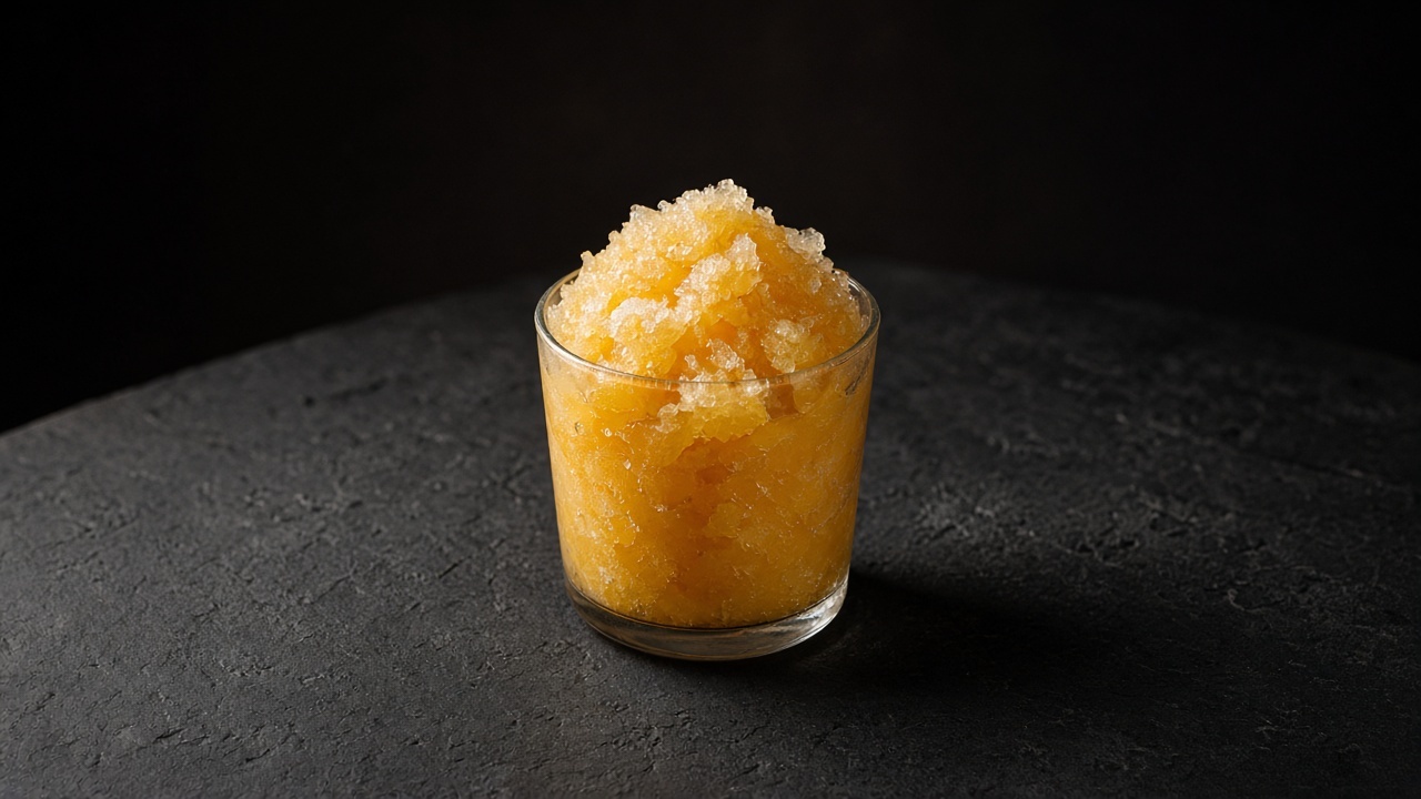 Golden orange mango granita piled in a small glass.