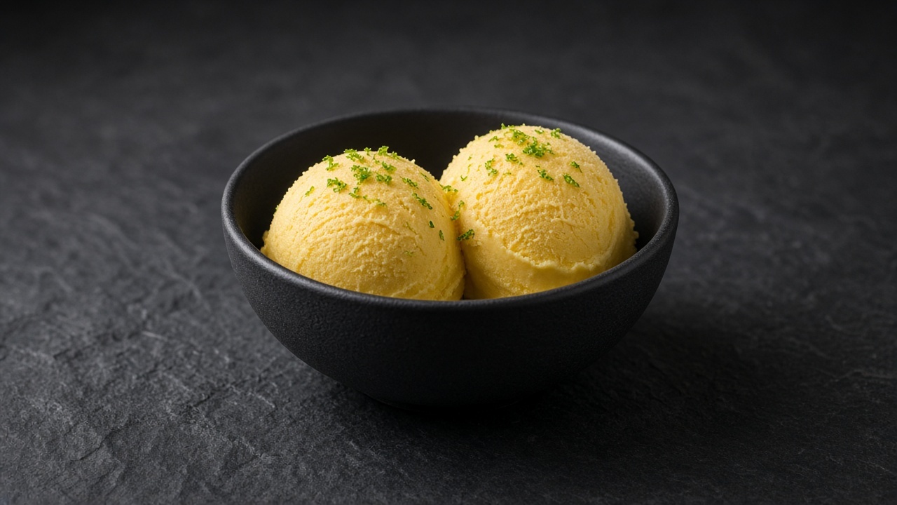 Two scoops of golden mango frozen yoghurt with lime zest in a black bowl.