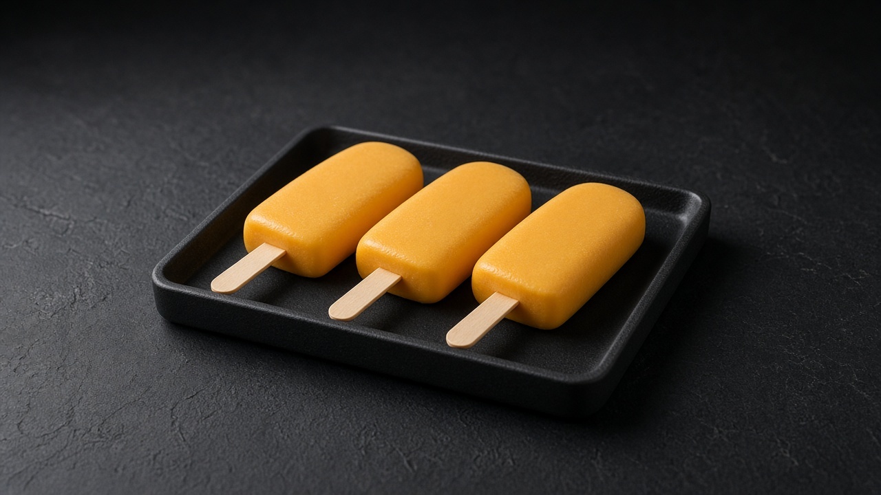 Three smooth golden orange mango lassi ice pops on a black tray.