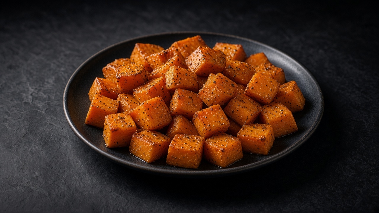 Glossy maple-glazed sweet potato chunks with cracked black pepper in a matte black dish.