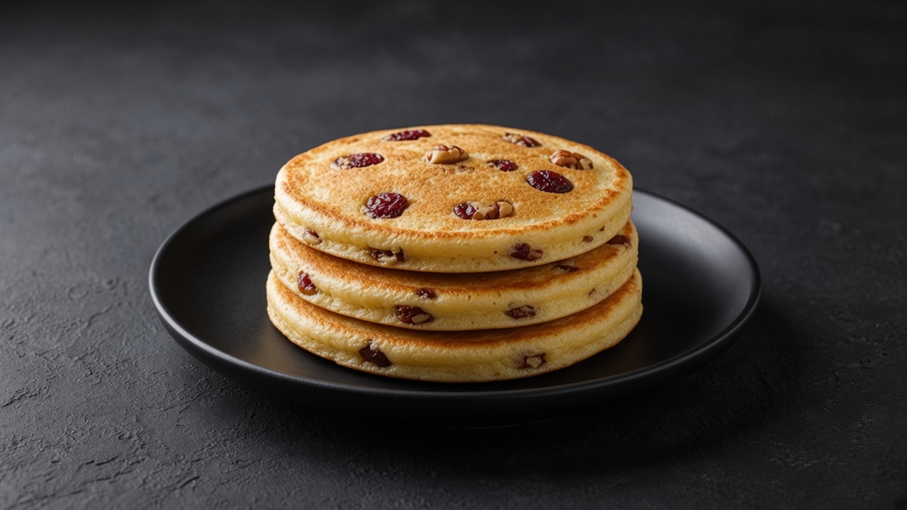 A stack of golden pancakes studded with chopped pecans and dried cranberries.