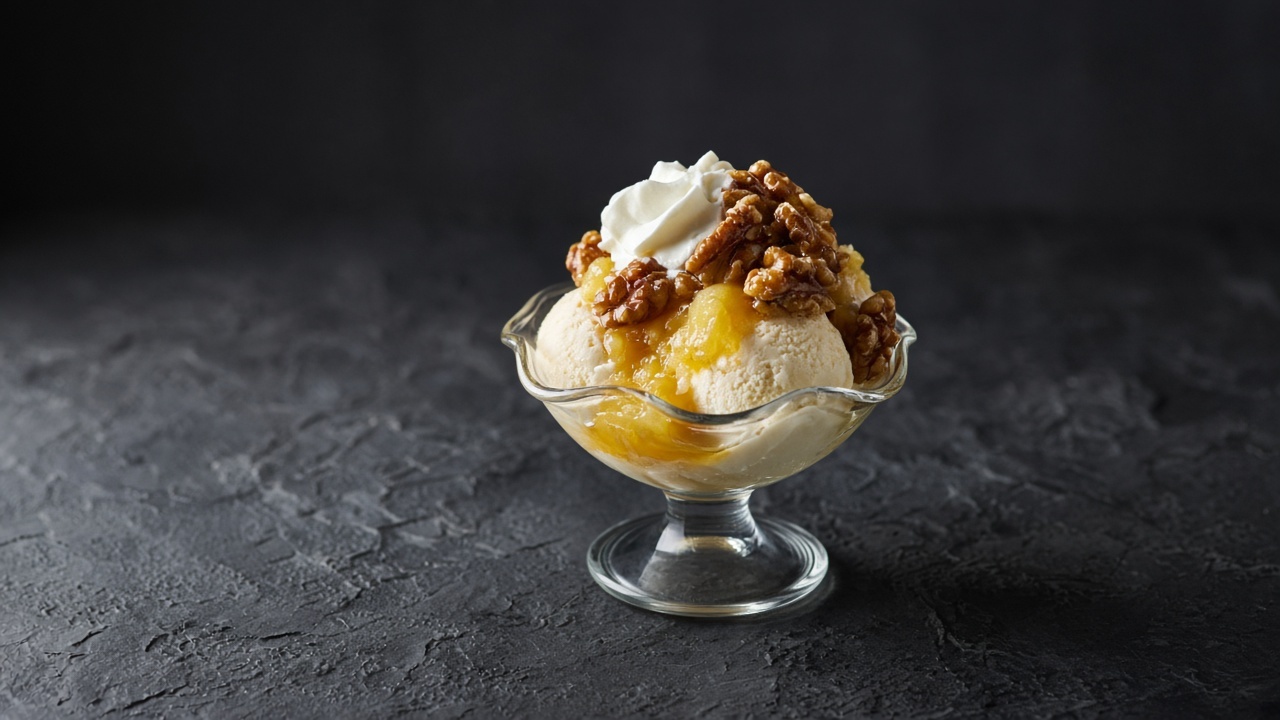A glass sundae dish of pale ice cream with crushed pineapple, maple walnuts and whipped cream.