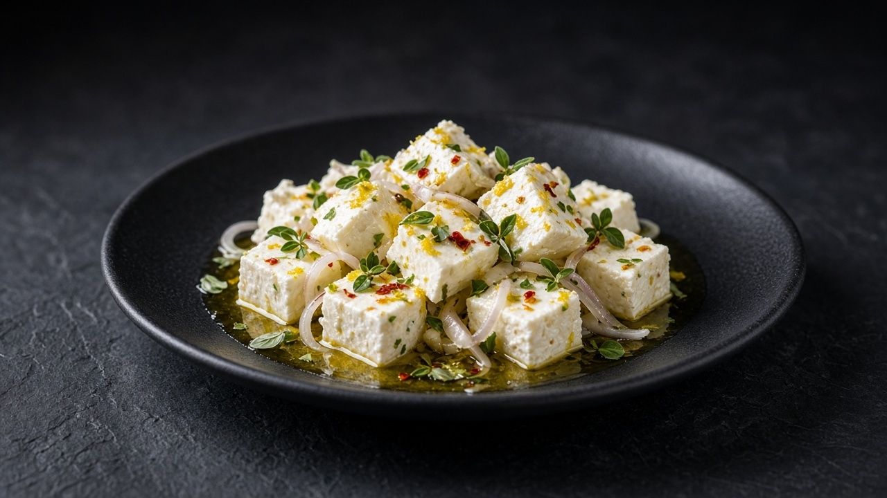Cubes of marinated feta with shallot, lemon zest and chilli flakes in olive oil on a matte dark plate.