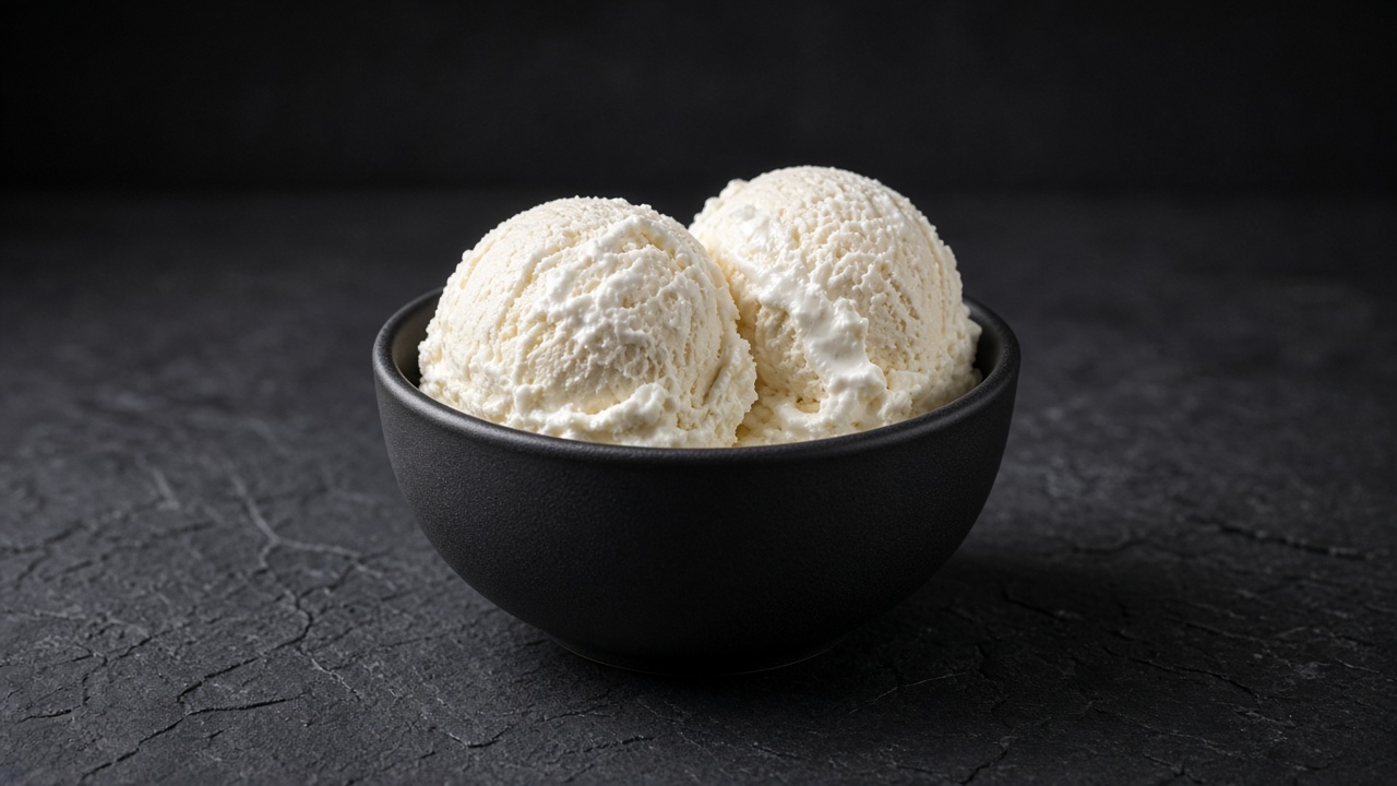Two scoops of ivory vanilla custard ice cream with white marshmallow streaks in a black bowl.
