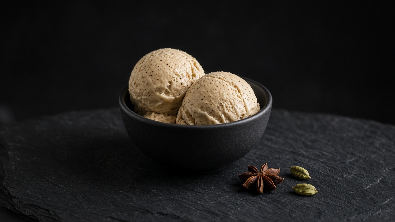 Two scoops of light tan masala chai custard ice cream in a black bowl, with star anise and cardamom pods beside it.