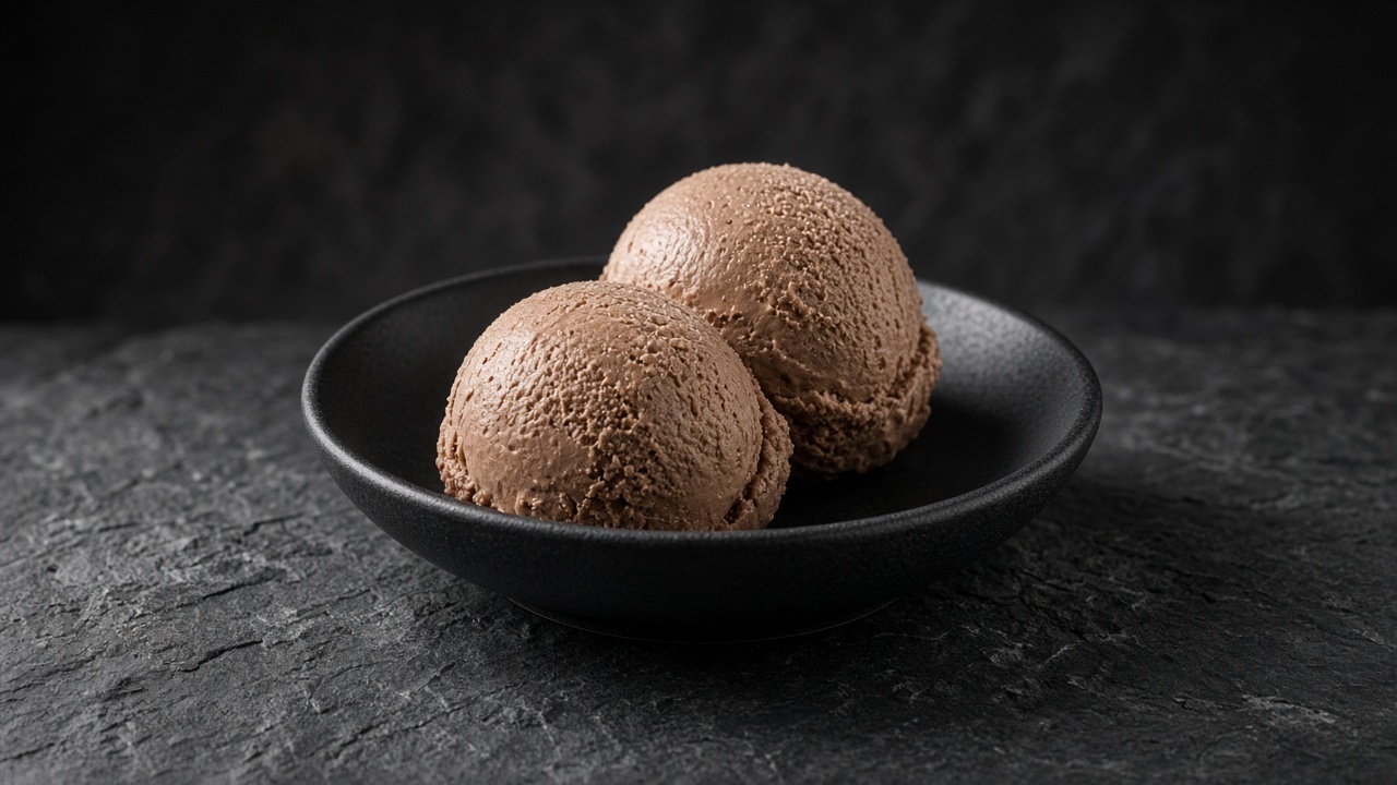 Two scoops of light brown milk chocolate ice cream in a small black dish.