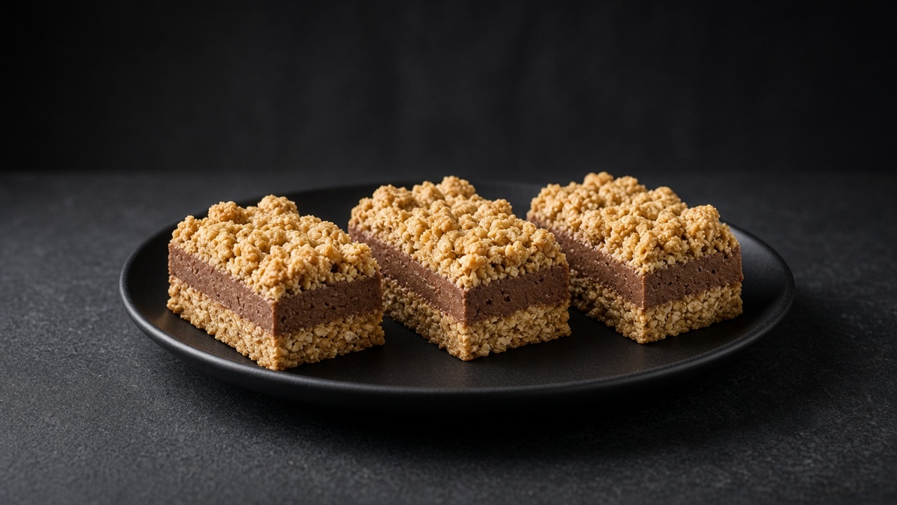 Oat bars with a thick milk chocolate fudge layer and crumbled oat topping.