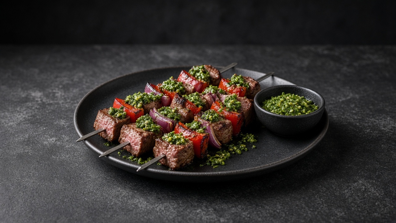 Lamb, red pepper and red onion skewers topped with green mint pesto, with a bowl of pesto, on a matte dark plate.
