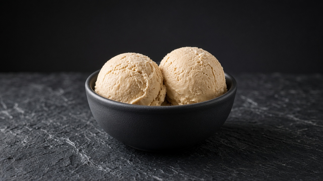 Two scoops of pale caramel-beige miso butterscotch ice cream in a black bowl.