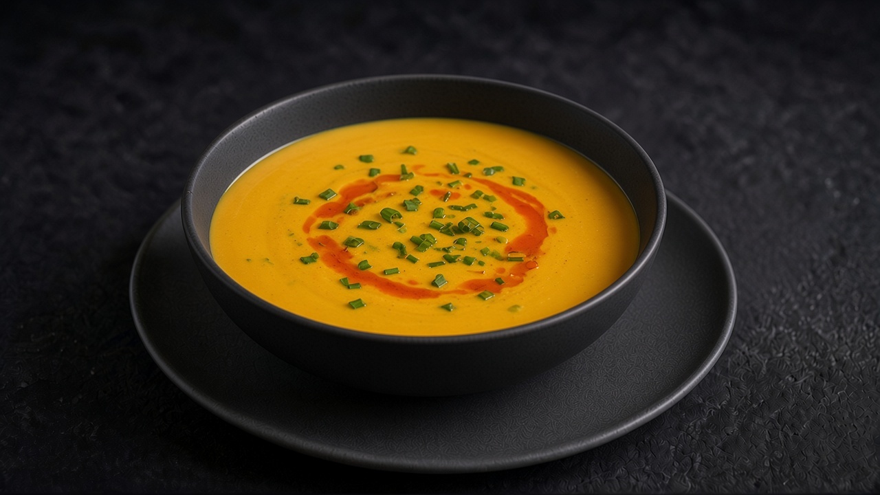 A bowl of golden corn soup topped with chopped chives and a swirl of red chili oil, on a matte dark plate.