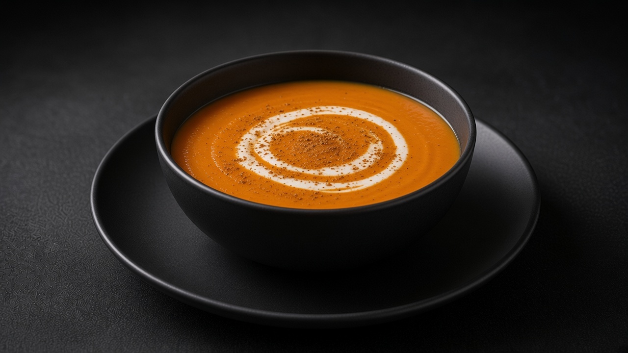 A bowl of smooth orange carrot soup swirled with yoghurt and dusted with ground cumin, on a matte dark plate.