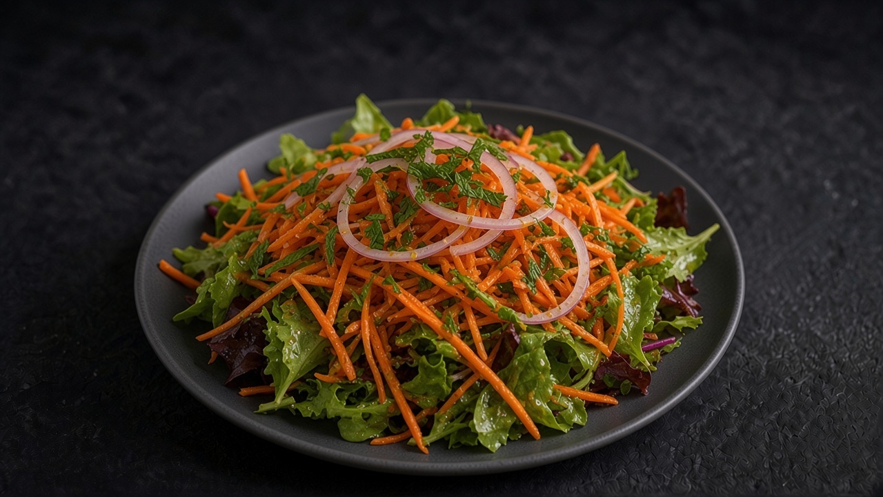 Grated carrots and baby greens glistening with citrus dressing, flecked with mint and topped with thin sweet onion slices on a matte dark plate.