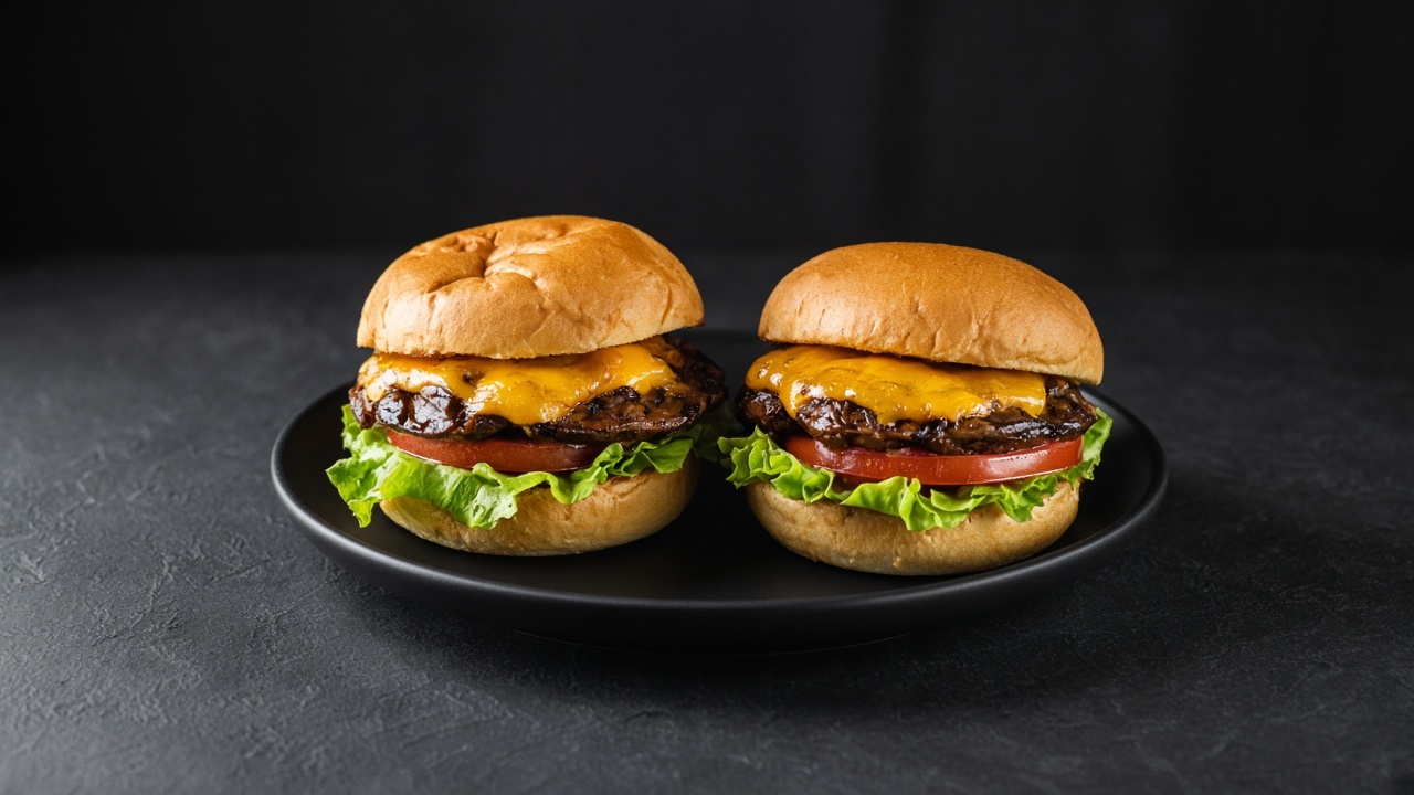 Two caramelised mushroom caps topped with melted Cheddar sitting in buttered burger buns with fresh greens and tomato.