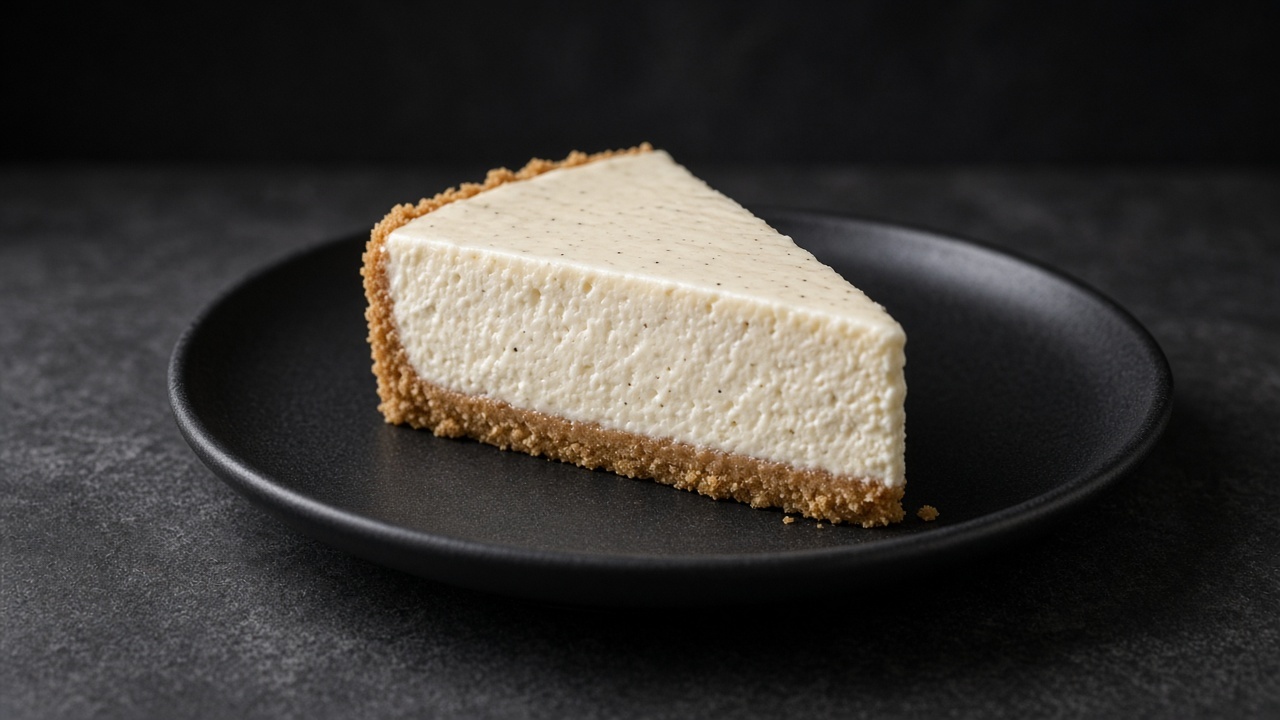 A wedge of vanilla ice cream pie with a biscuit-crumb crust on a matte dark plate.