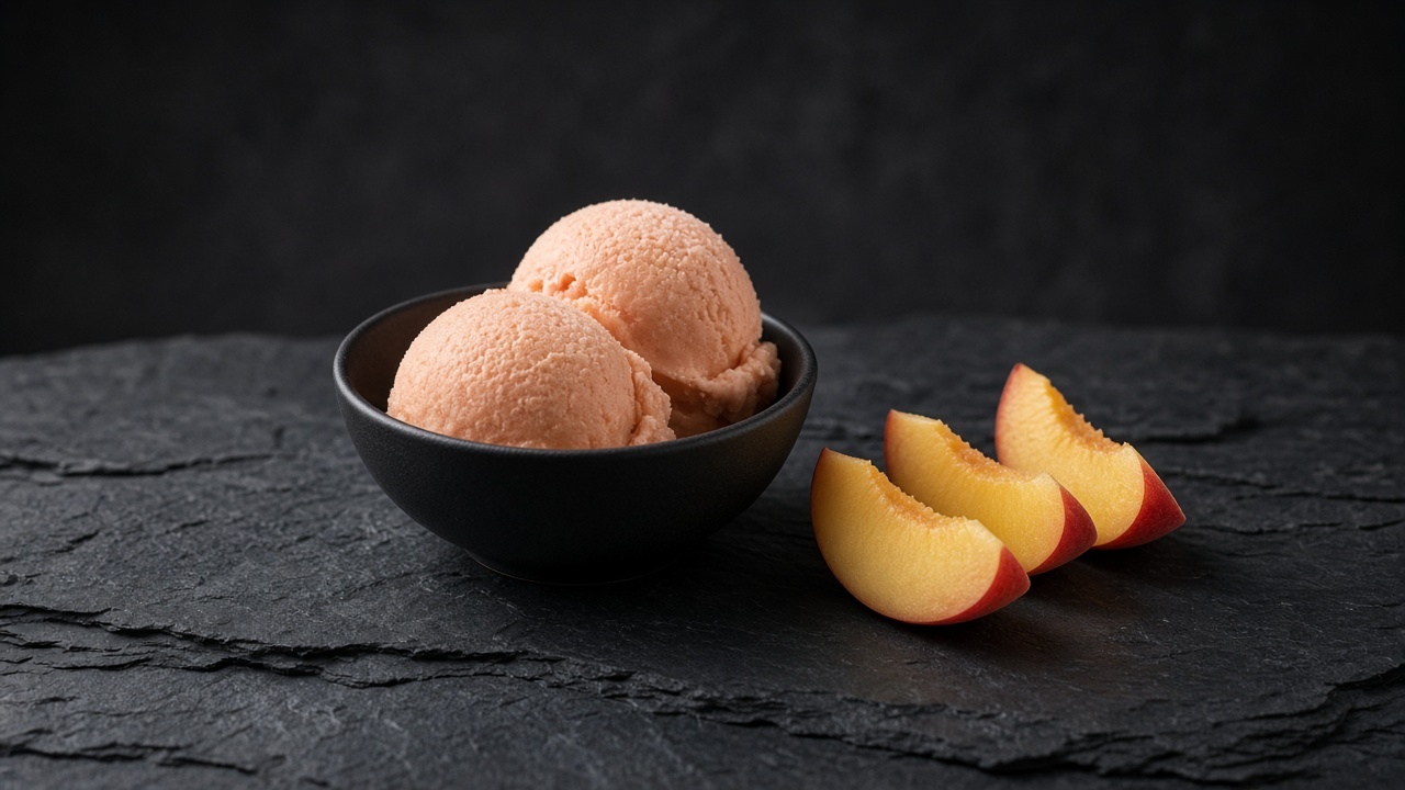 Two scoops of soft peach-coloured sorbet in a black bowl beside slices of ripe peach.