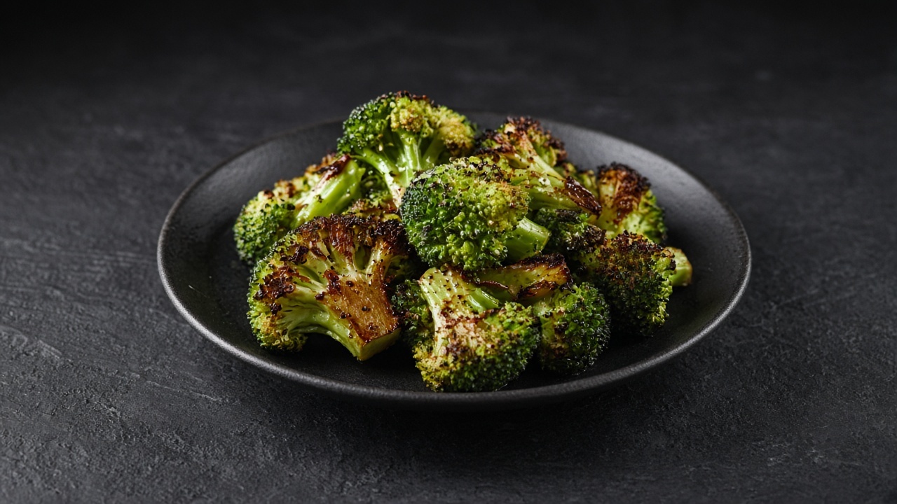 Charred roasted broccoli florets on a matte dark plate.