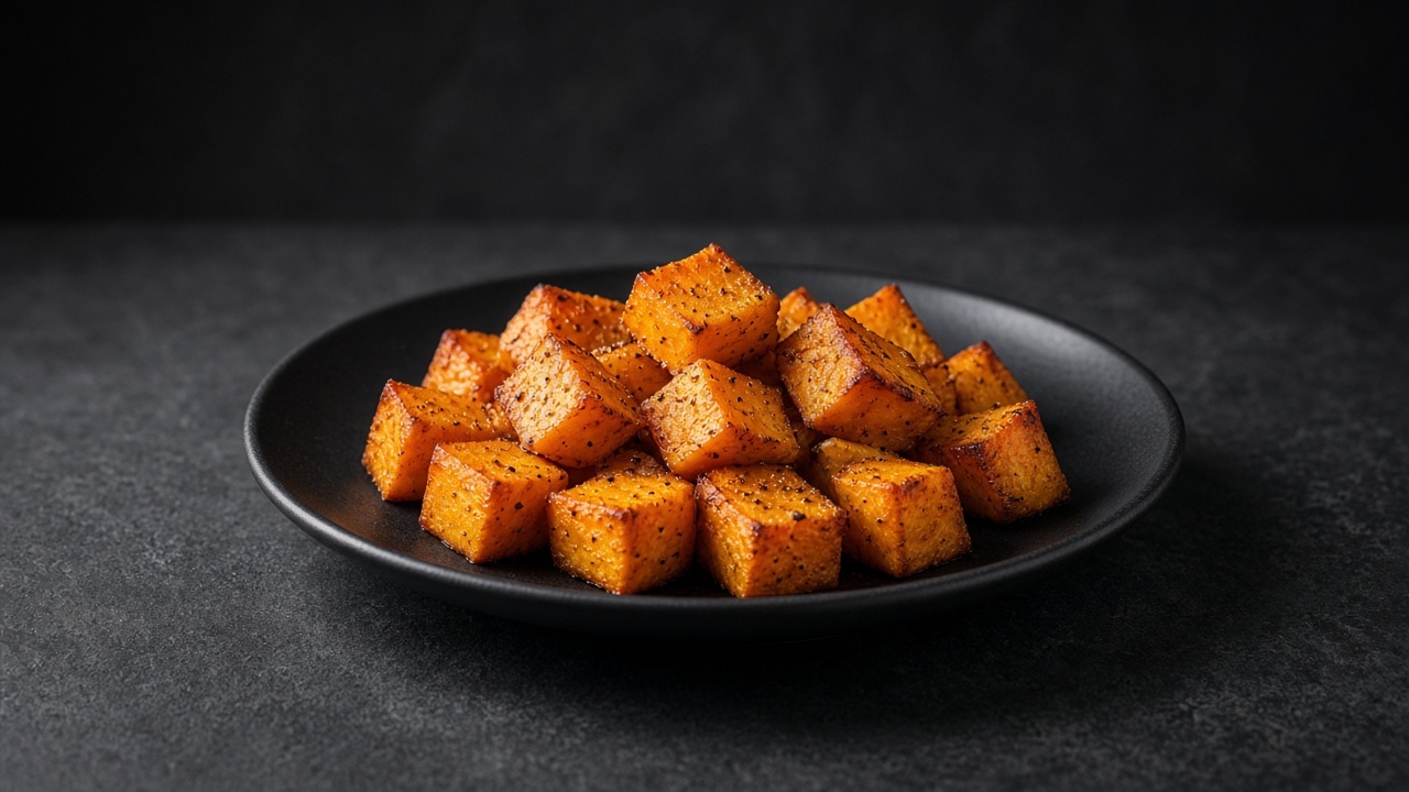 Roasted sweet potato chunks with browned edges on a matte dark plate.