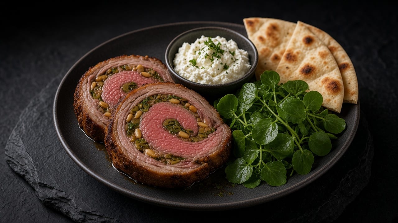 Slices of olive-stuffed roast lamb sit beside whipped herbed goat cheese, watercress and flatbread on a matte dark plate.