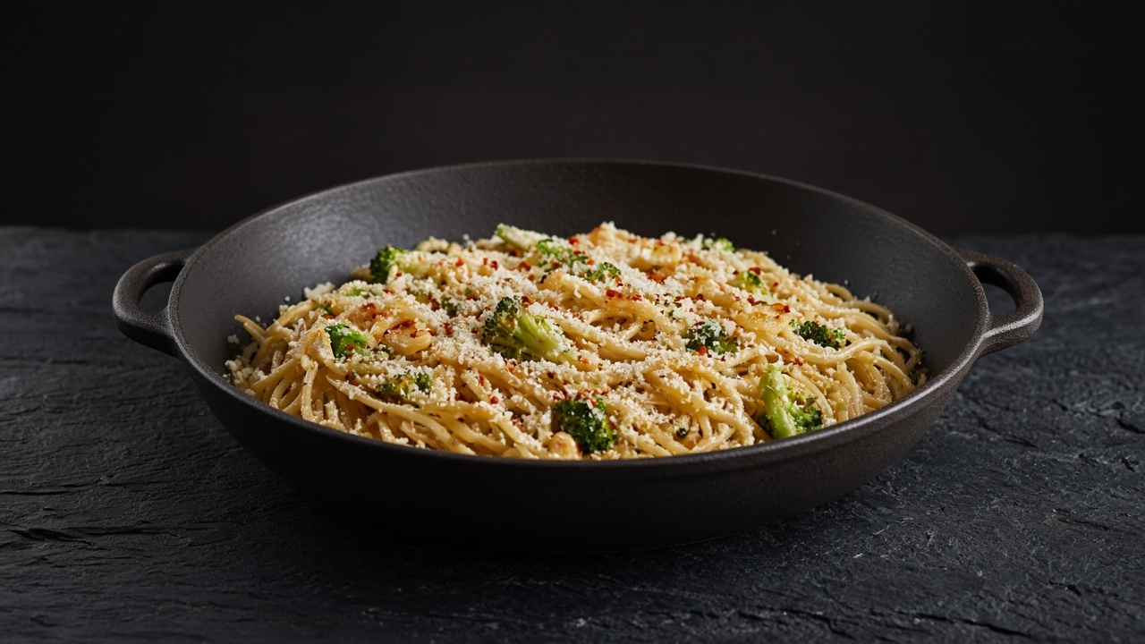 Spaghetti tangled with small green broccoli florets, garlic and chilli flakes in a wide pan, with grated Parmesan.