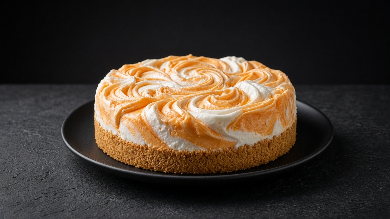 A round ice cream cake on a wafer biscuit base with swirls of orange sherbet and vanilla ice cream.