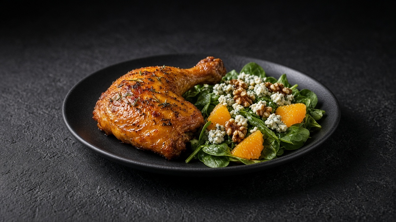 An orange-glazed chicken leg beside a spinach salad with blue cheese, walnuts and orange segments on a matte dark plate.