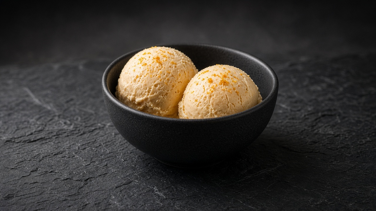 Two scoops of pale orange custard ice cream flecked with orange zest in a black bowl.