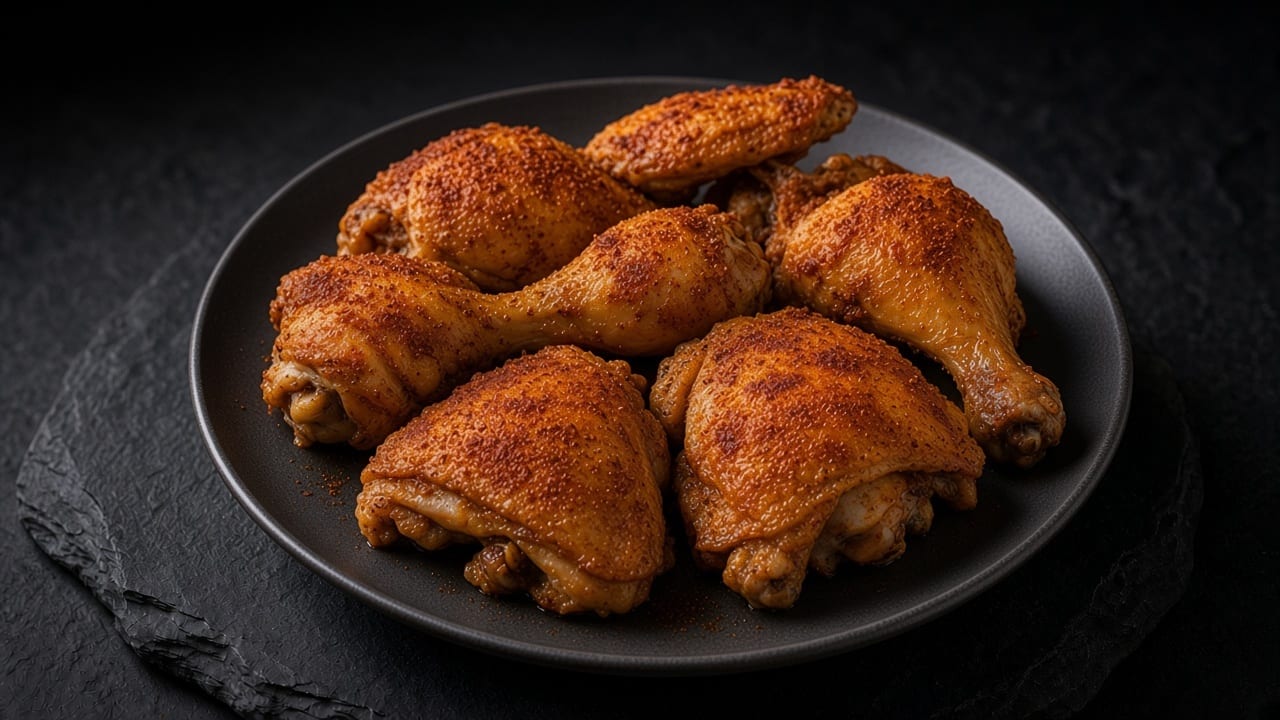 Golden paprika-coated chicken portions sit skin side up on a matte dark plate.