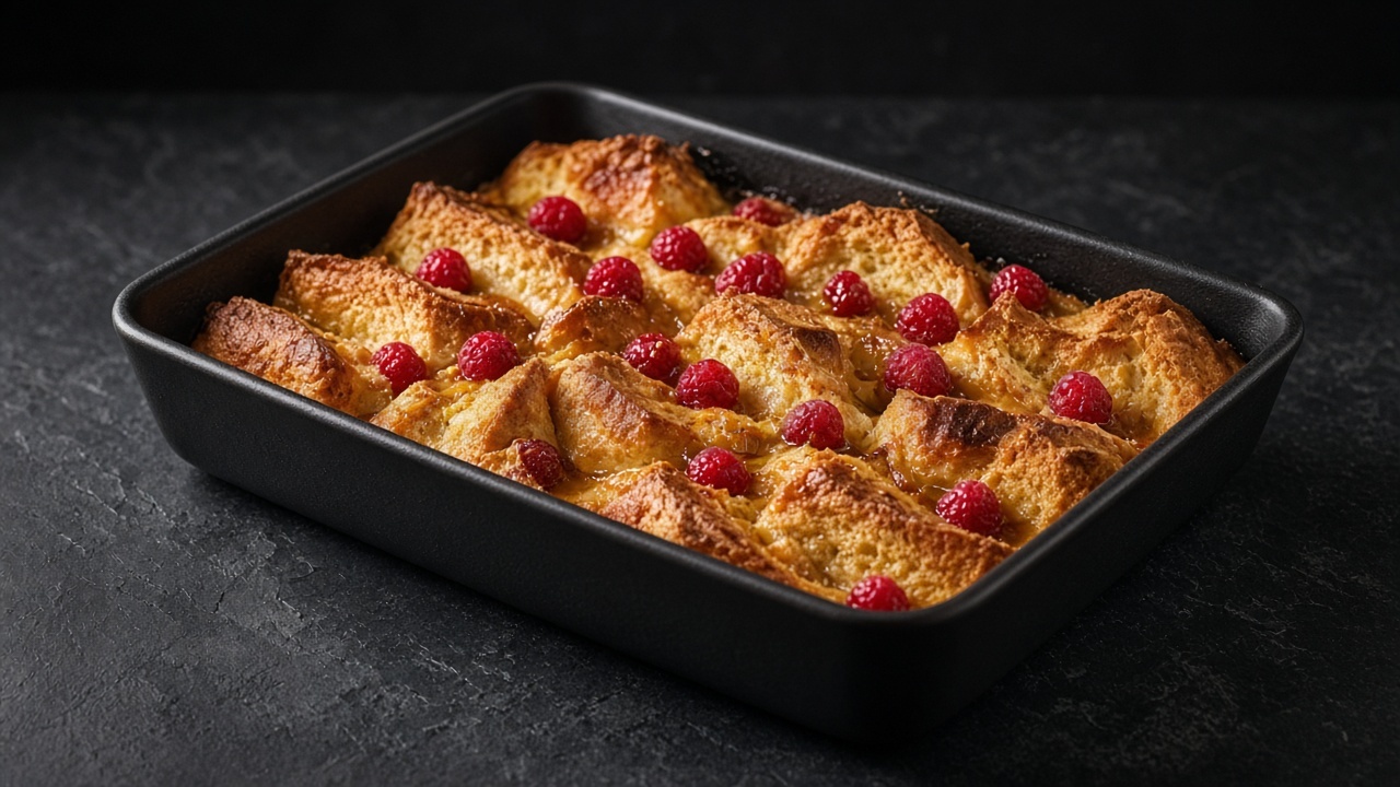 A dish of baked spiced bread pudding, puffed and golden-brown, dotted with fresh raspberries.