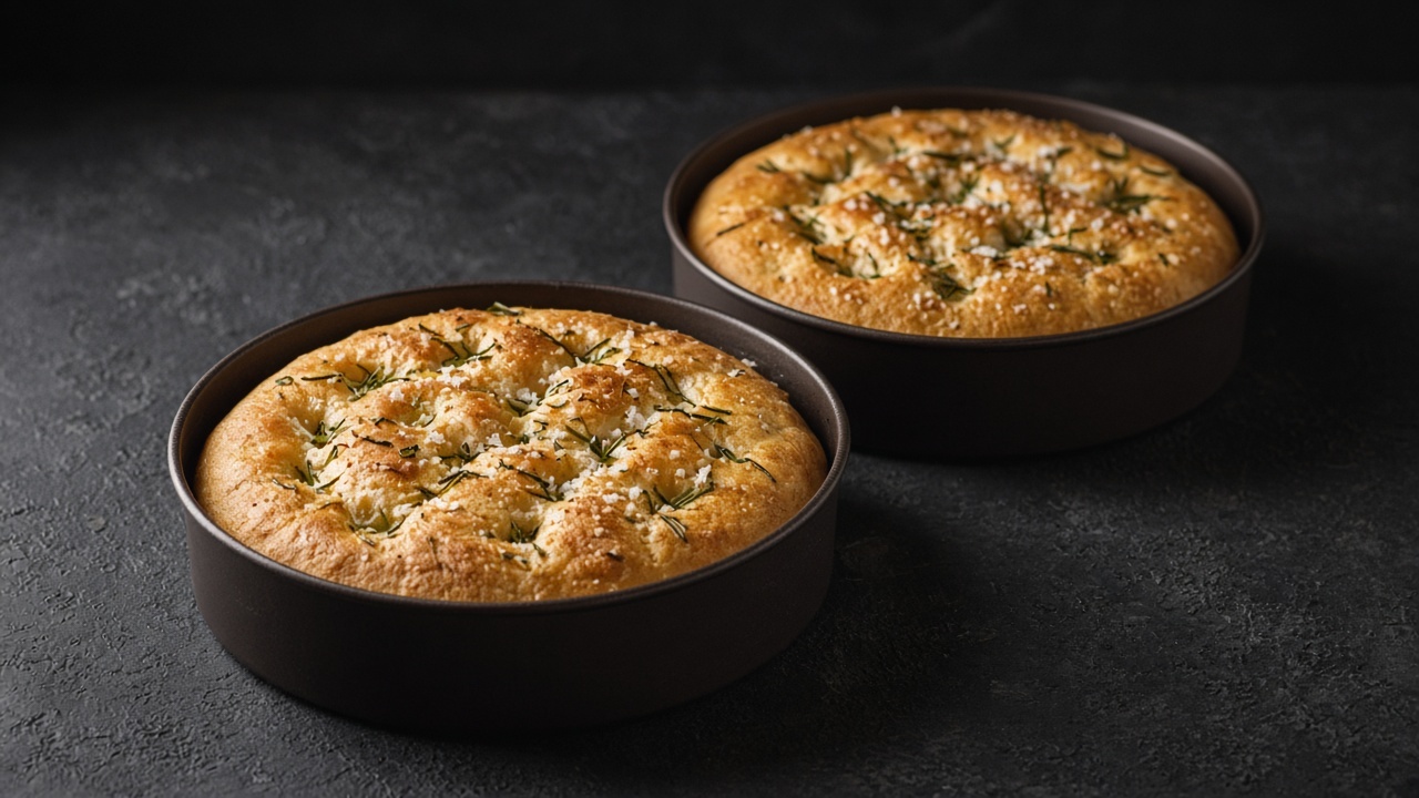 Two round golden focaccias dimpled and scattered with rosemary needles and flaky salt.