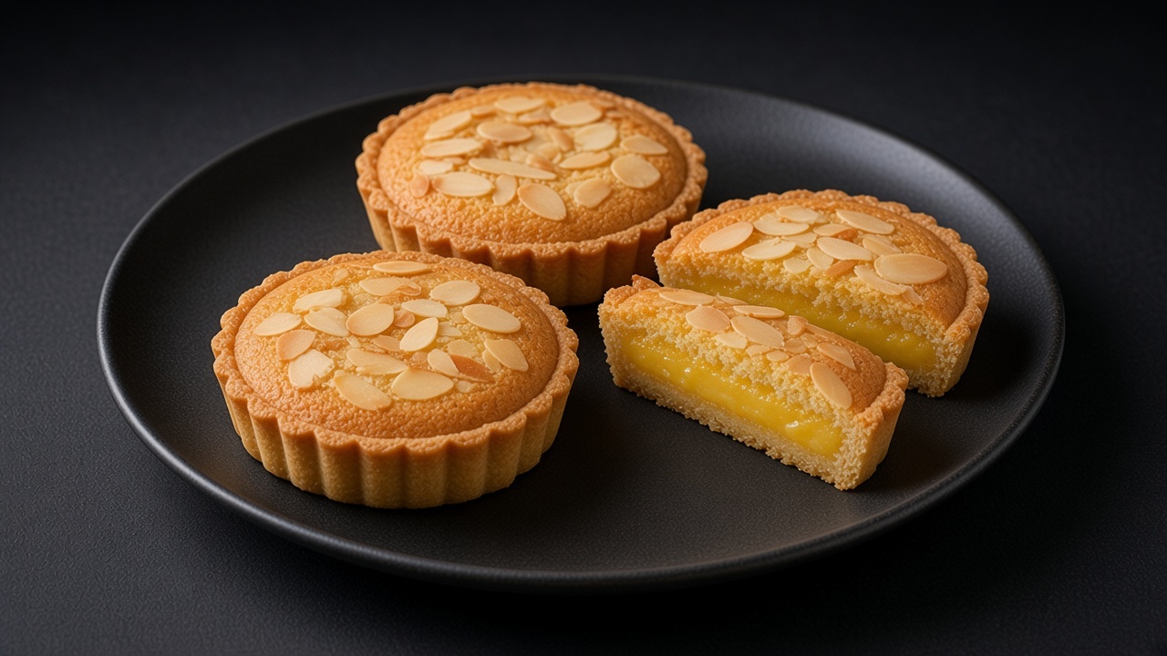 Lemon bakewell tarts topped with flaked almonds, one halved to show the lemon curd layer.