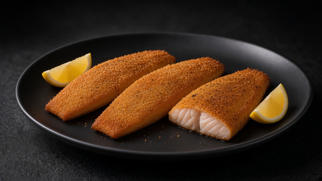Three cornmeal-crusted pan-fried trout fillets, deep golden and crisp, with lemon wedges on a matte black plate.