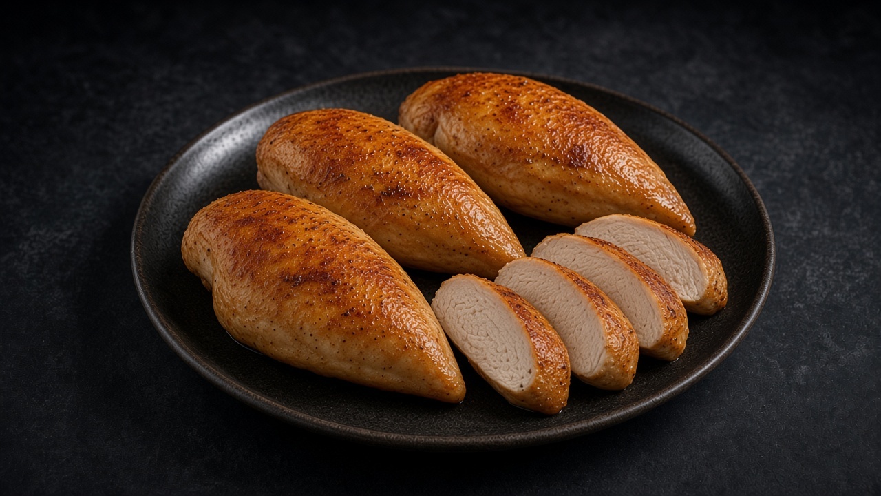 Three golden pan-seared chicken breasts, one sliced to show the juicy centre, on a matte black plate.