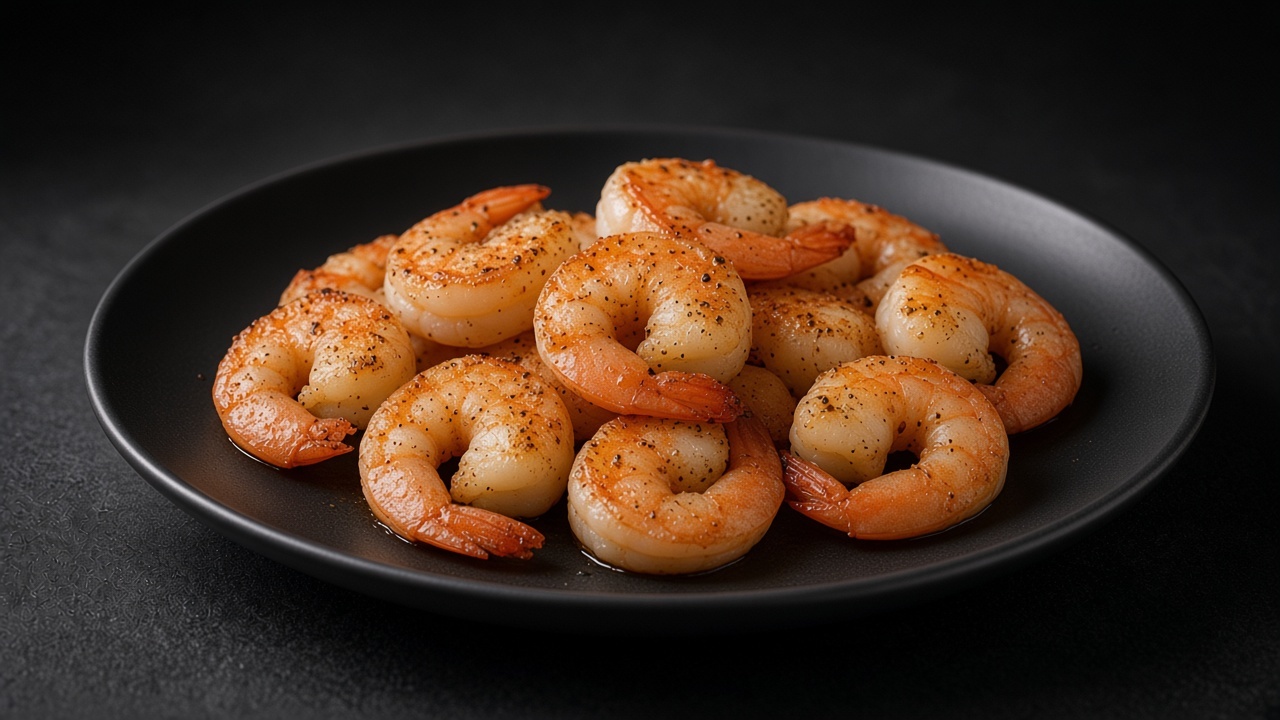 Golden pan-seared shrimp piled on a matte black plate.