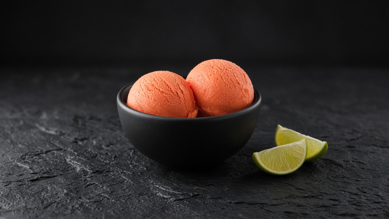 Coral-orange papaya sorbet scoops in a black bowl with lime wedges.