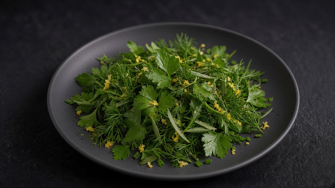 Whole parsley and mixed tender herb leaves glistening with lemon dressing on a matte dark plate.