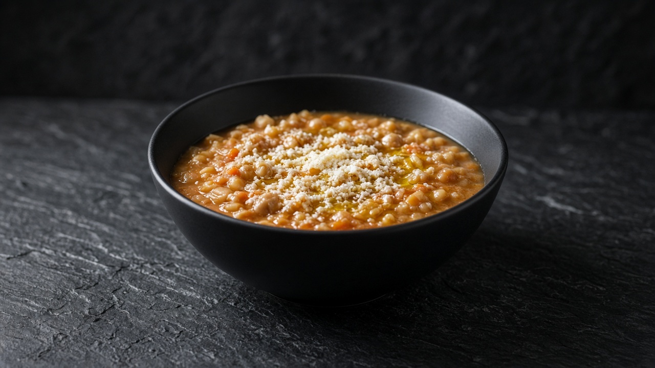 A thick bowl of pasta and chickpea soup topped with grated cheese and olive oil.