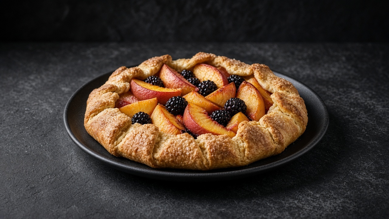 A golden pleated galette filled with juicy peach wedges and dark blackberries, sparkling with sugar.
