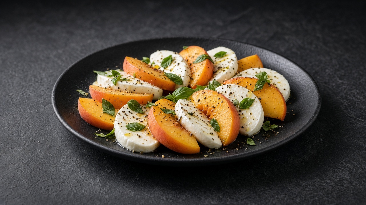 Overlapping slices of yellow-orange peach and white mozzarella on a platter, scattered with torn basil and black pepper.