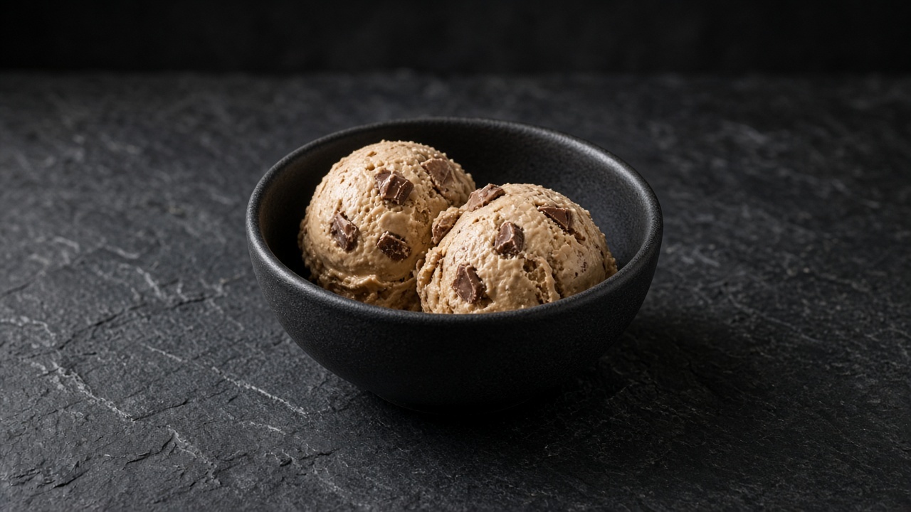 Tan peanut butter ice cream scoops with chunks of milk chocolate in a black bowl.