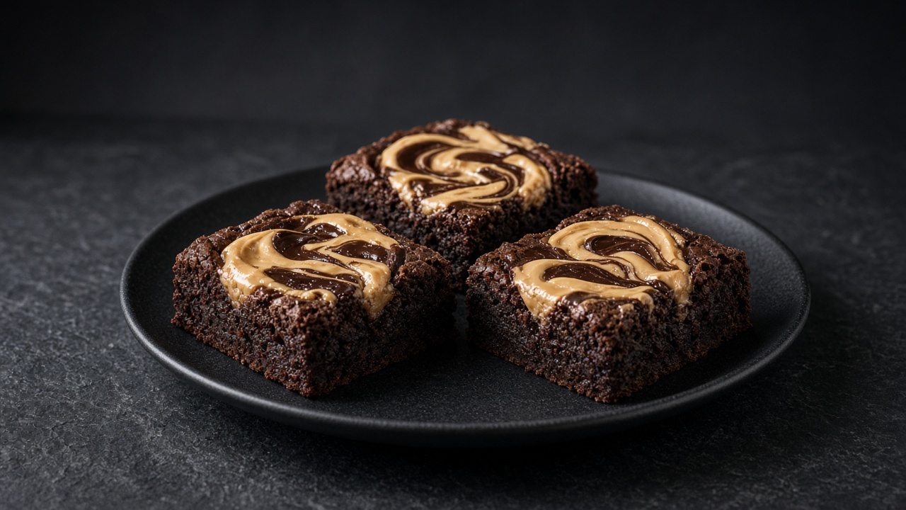 Chocolate brownie squares marbled with pale peanut butter swirls.