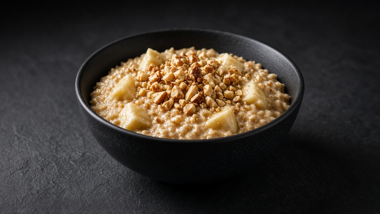 A bowl of creamy peanut-butter oatmeal studded with banana pieces and topped with toasted chopped peanuts.
