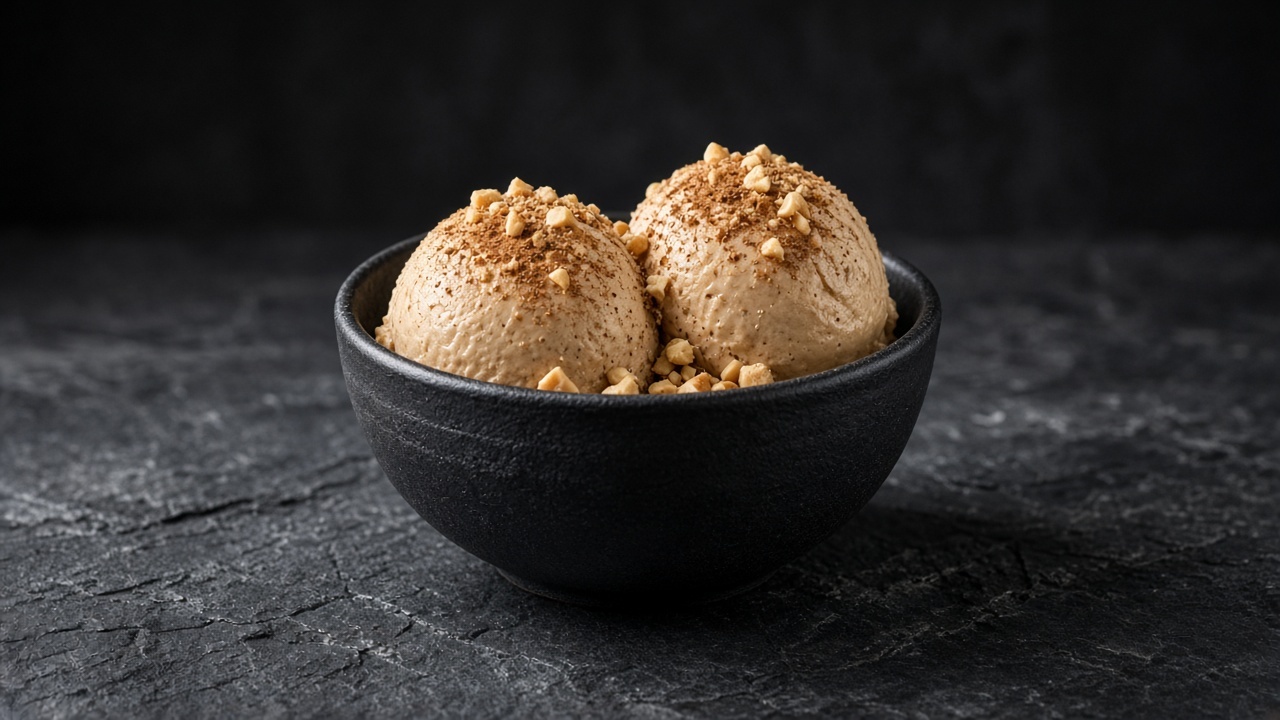 Light tan peanut sorbet scoops sprinkled with ground cinnamon and chopped peanuts in a black bowl.