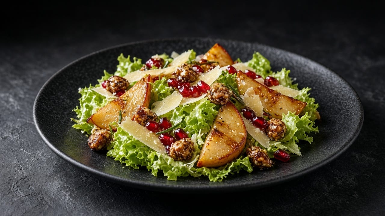 Sliced seared pears, pomegranate arils, shaved Gouda and candied hazelnuts over dressed greens on a matte dark plate.
