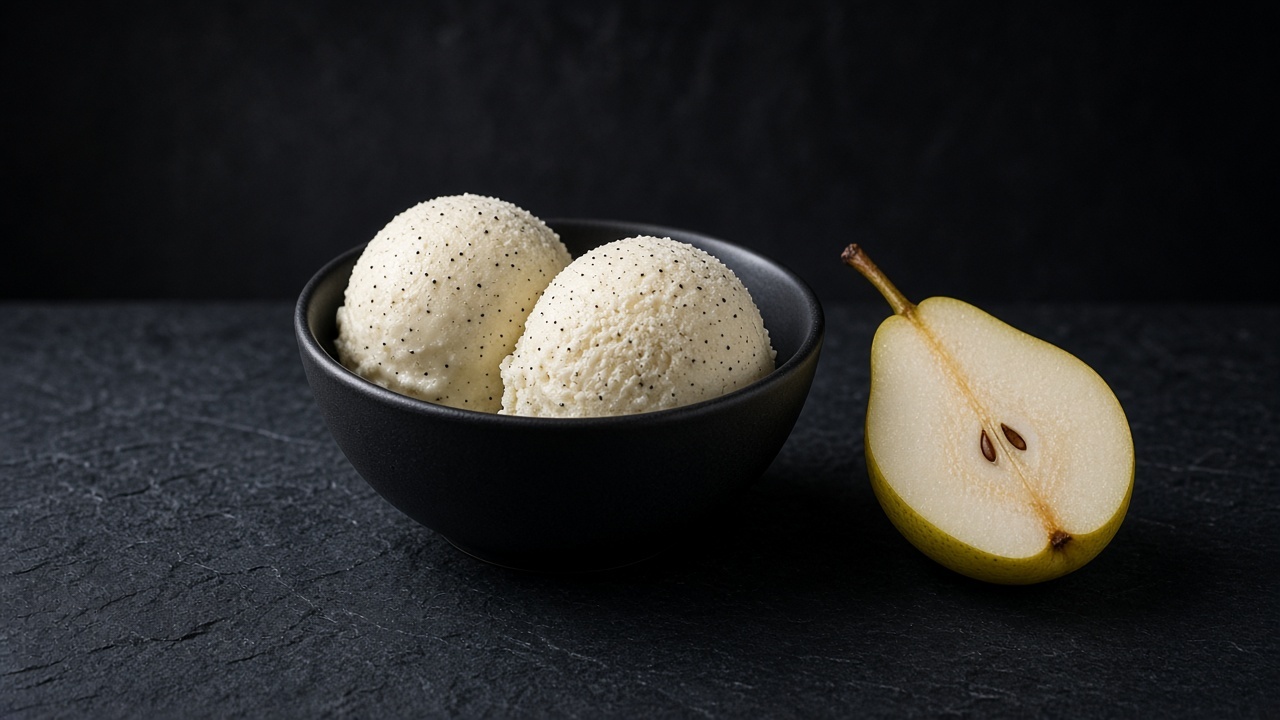 Creamy off-white pear sorbet flecked with vanilla seeds in a black bowl, beside a pear half.