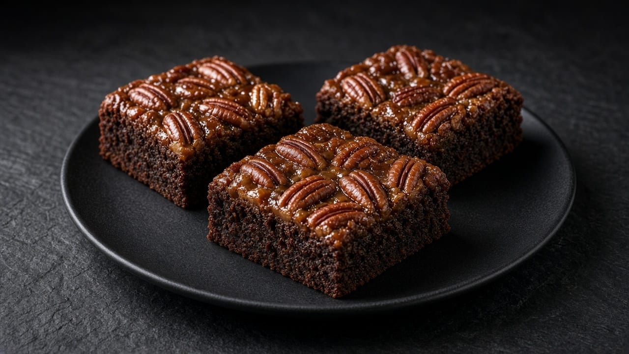 Brownie squares covered with a glossy layer of caramel-coated pecan halves.