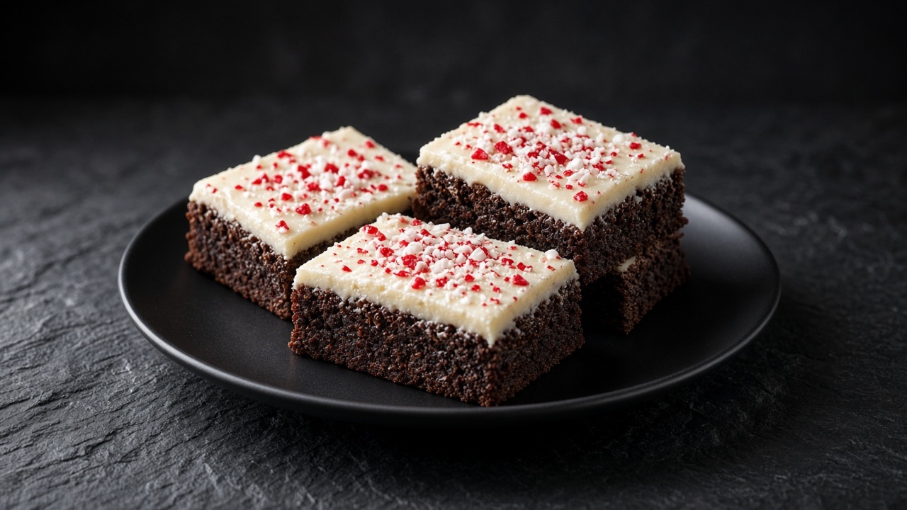 Brownie squares topped with white chocolate and crushed red and white candy cane.