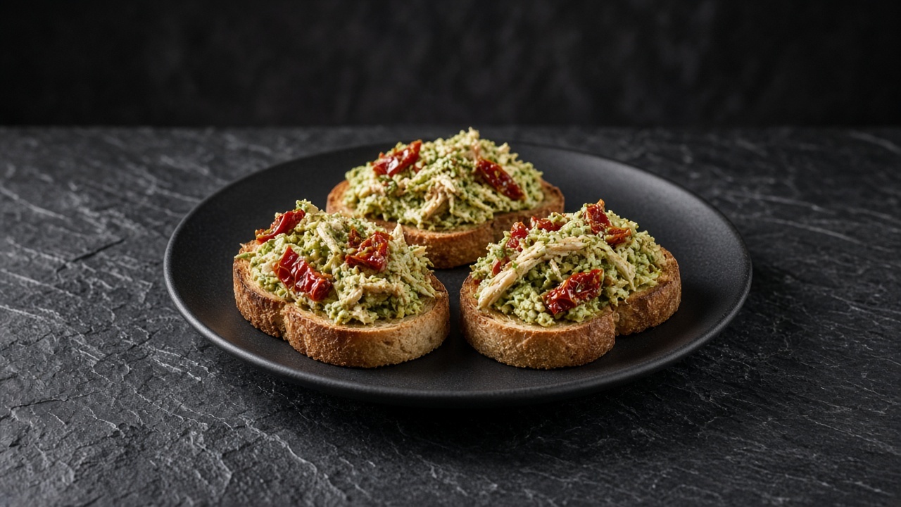Shredded chicken in a pale green pesto dressing studded with red sun-dried tomato pieces on toasted bread.