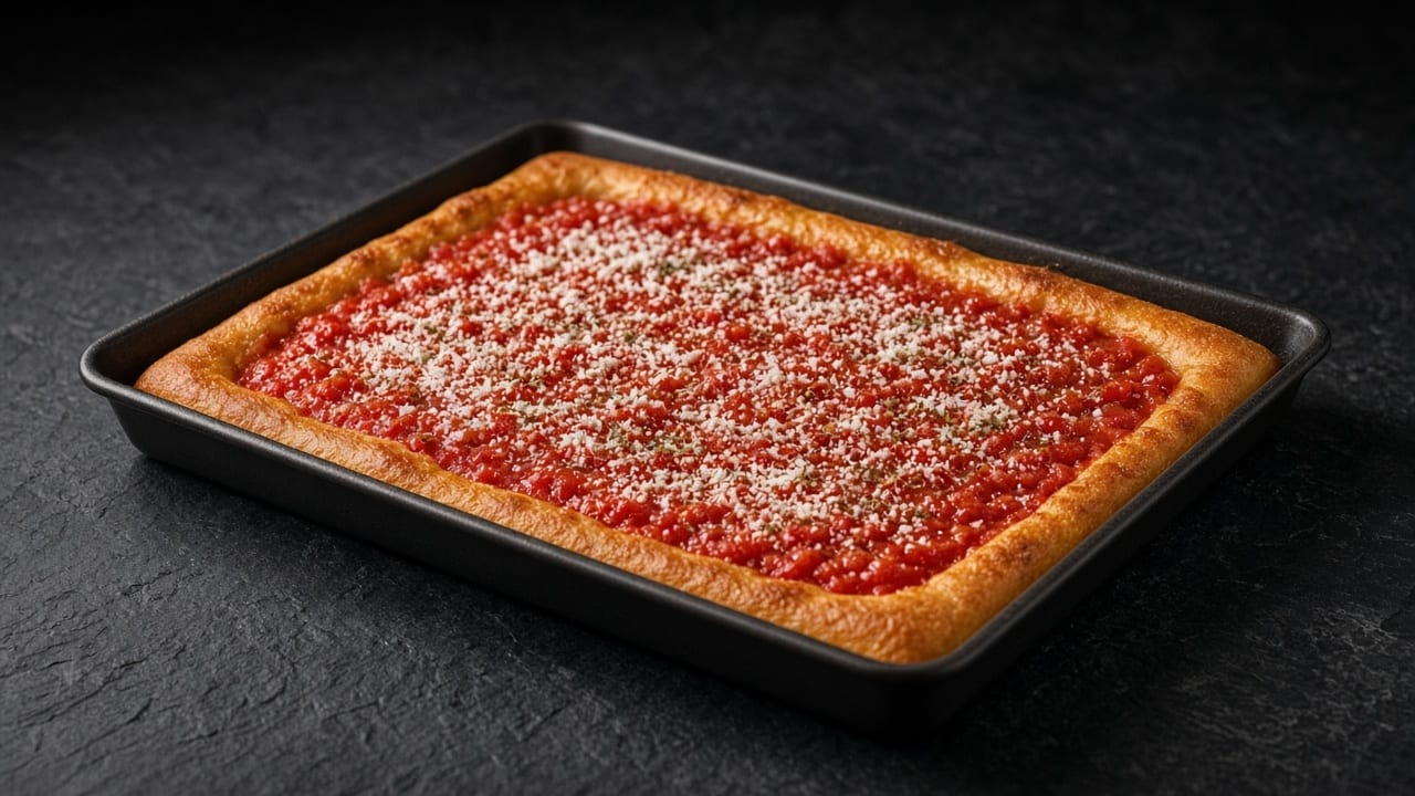 A rectangular pizza with a thin raised golden rim, vibrant red tomato sauce, and a fine dusting of white pecorino cheese.