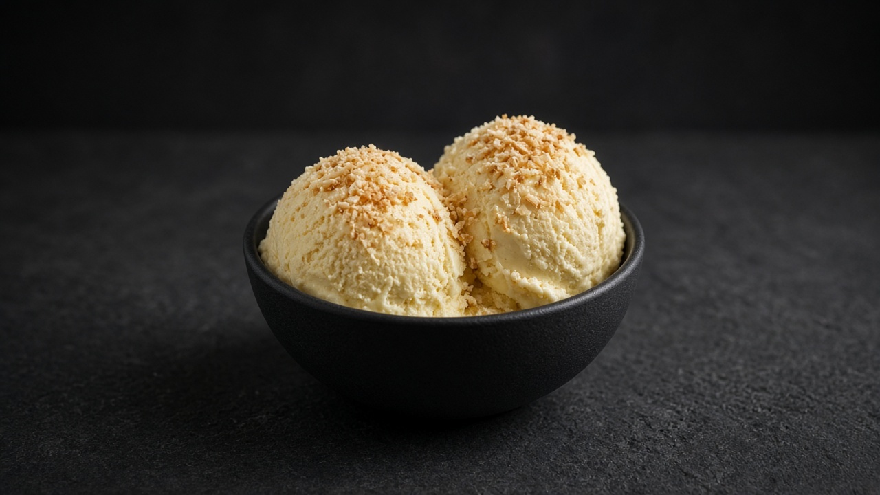 Two scoops of pale yellow pineapple coconut gelato scattered with toasted coconut in a black bowl.