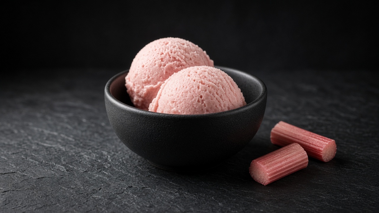 Two scoops of pastel pink rhubarb sorbet in a black bowl beside two pieces of rhubarb stalk.